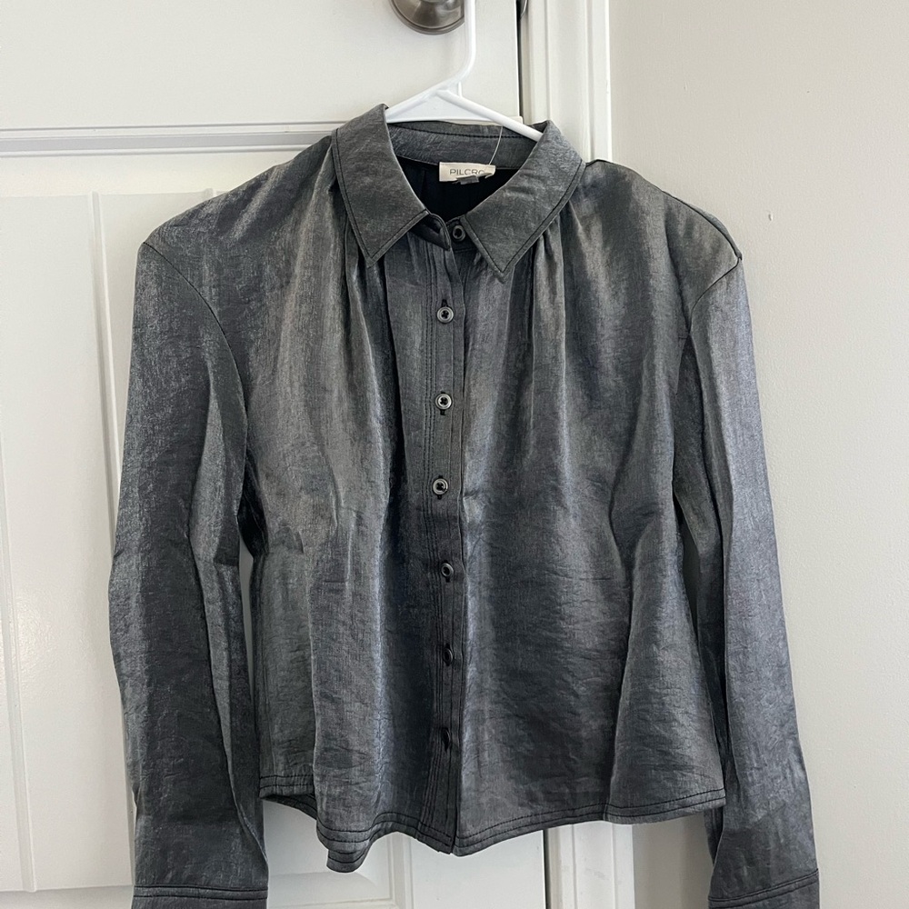 Pilcro Gunmetal Shimmery Button-Down Blouse